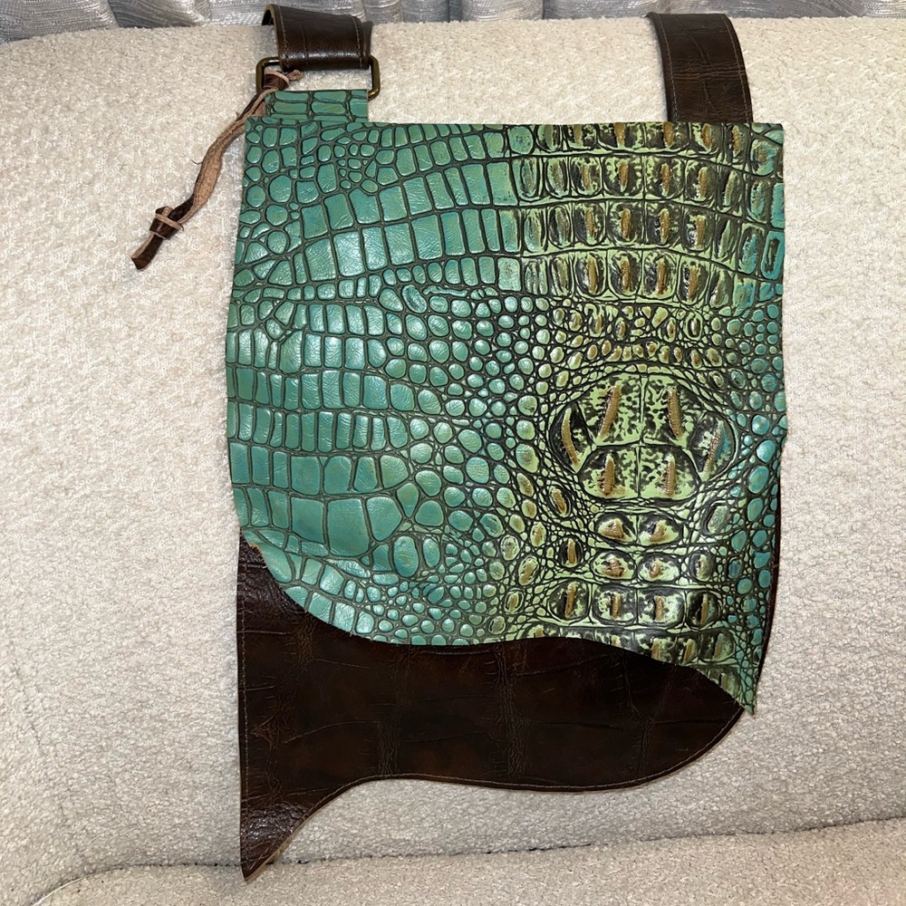 Alligator print, teal and dark brown, crossbody.